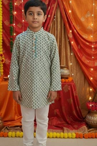 Teal blue block print kurta