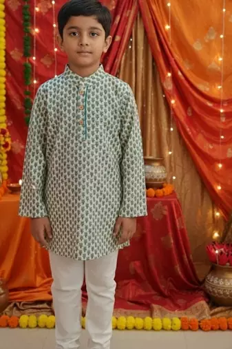 Teal blue block print kurta