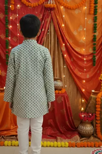 Teal blue block print kurta