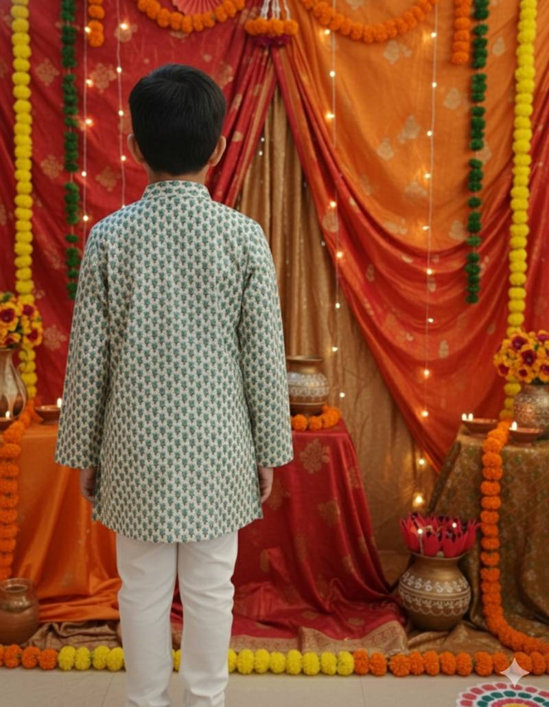 Teal blue block print kurta