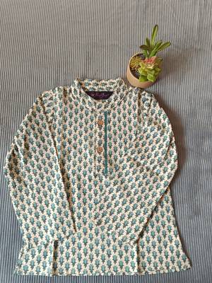 Teal blue block print kurta 4