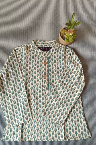 Teal blue block print kurta