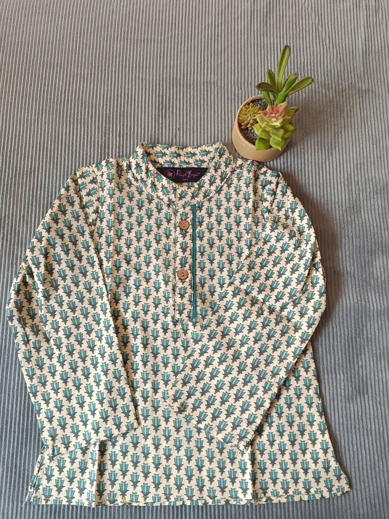 Teal blue block print kurta