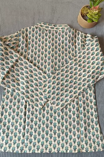 Teal blue block print kurta