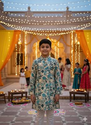 Teal blue floral kurta 1