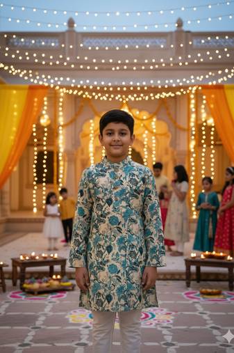 Teal blue floral kurta