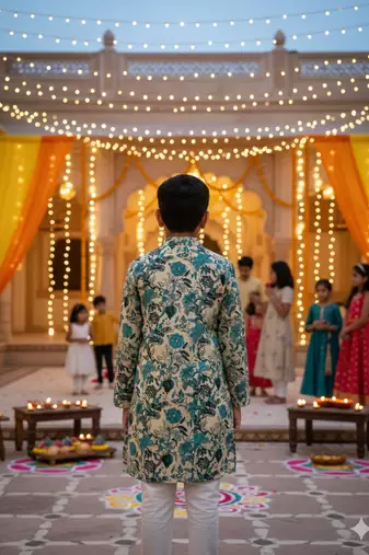 Teal blue floral kurta