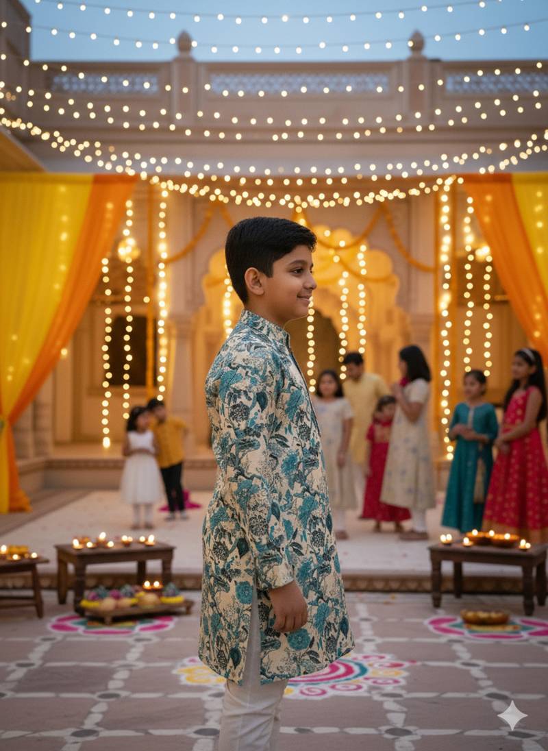 Teal blue floral kurta