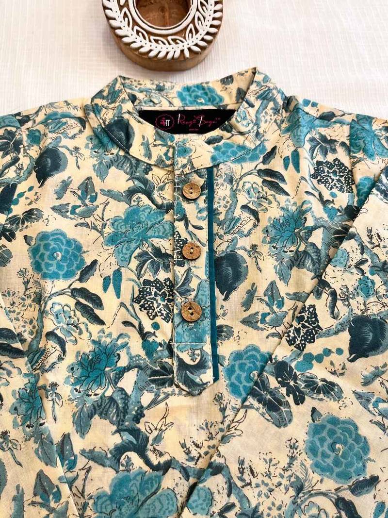Teal blue floral kurta