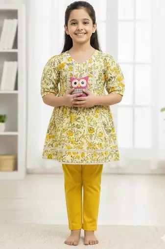 Yellow floral puff kurti