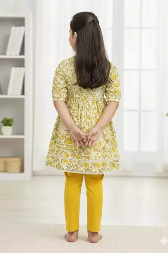 Yellow floral puff kurti