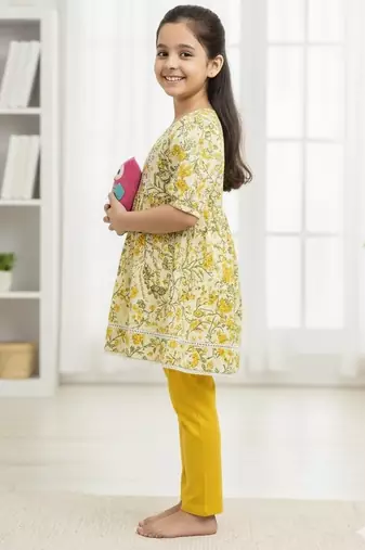 Yellow floral puff kurti
