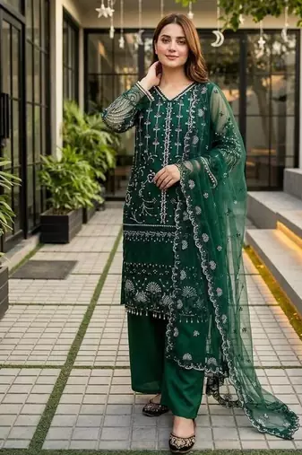 Green Color Sequins And Hand Work Cotton Salwar Suit