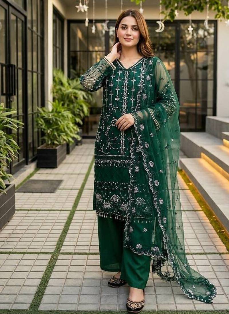 Green Color Sequins And Hand Work Cotton Salwar Suit