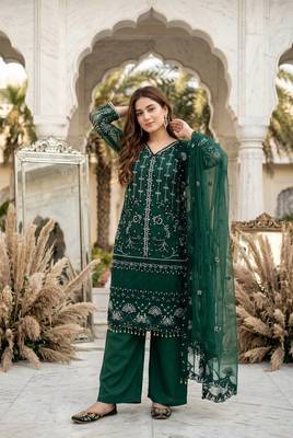 Green Color Sequins And Hand Work Cotton Salwar Suit 2