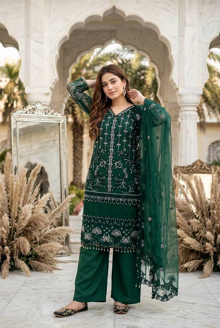 Green Color Sequins And Hand Work Cotton Salwar Suit