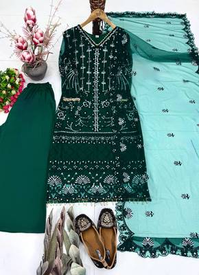 Green Color Sequins And Hand Work Cotton Salwar Suit 3