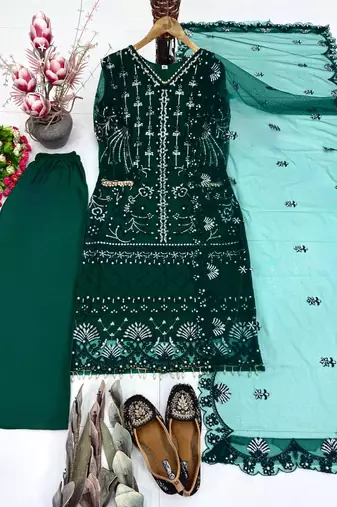 Green Color Sequins And Hand Work Cotton Salwar Suit