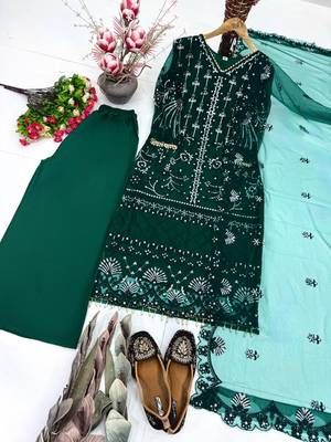Green Color Sequins And Hand Work Cotton Salwar Suit 4