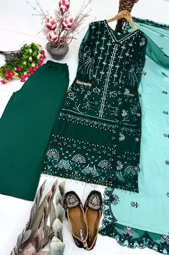 Green Color Sequins And Hand Work Cotton Salwar Suit