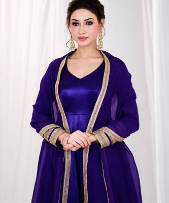 Purple heavy silk blend  embroidered anarkali gown set with dupatta & pants | fully stitched festive wear 4