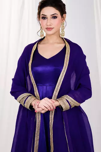 Purple heavy silk blend  embroidered anarkali gown set with dupatta & pants | fully stitched festive wear