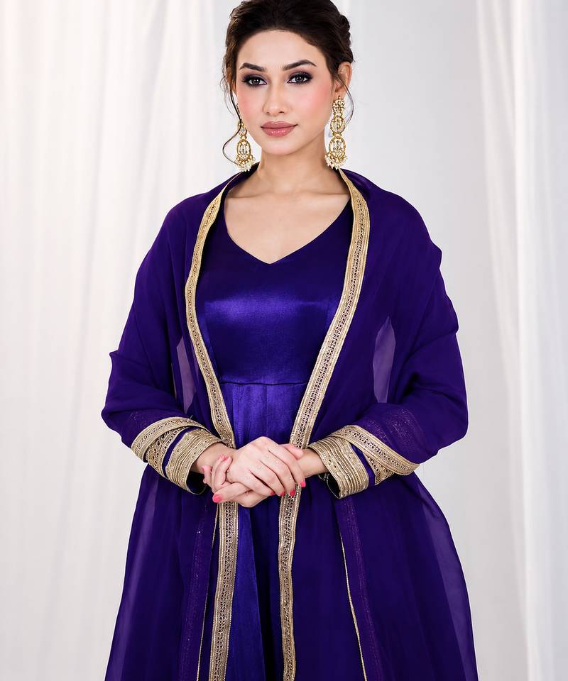 Purple heavy silk blend  embroidered anarkali gown set with dupatta & pants | fully stitched festive wear