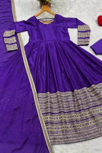 Purple heavy silk blend  embroidered anarkali gown set with dupatta & pants | fully stitched festive wear