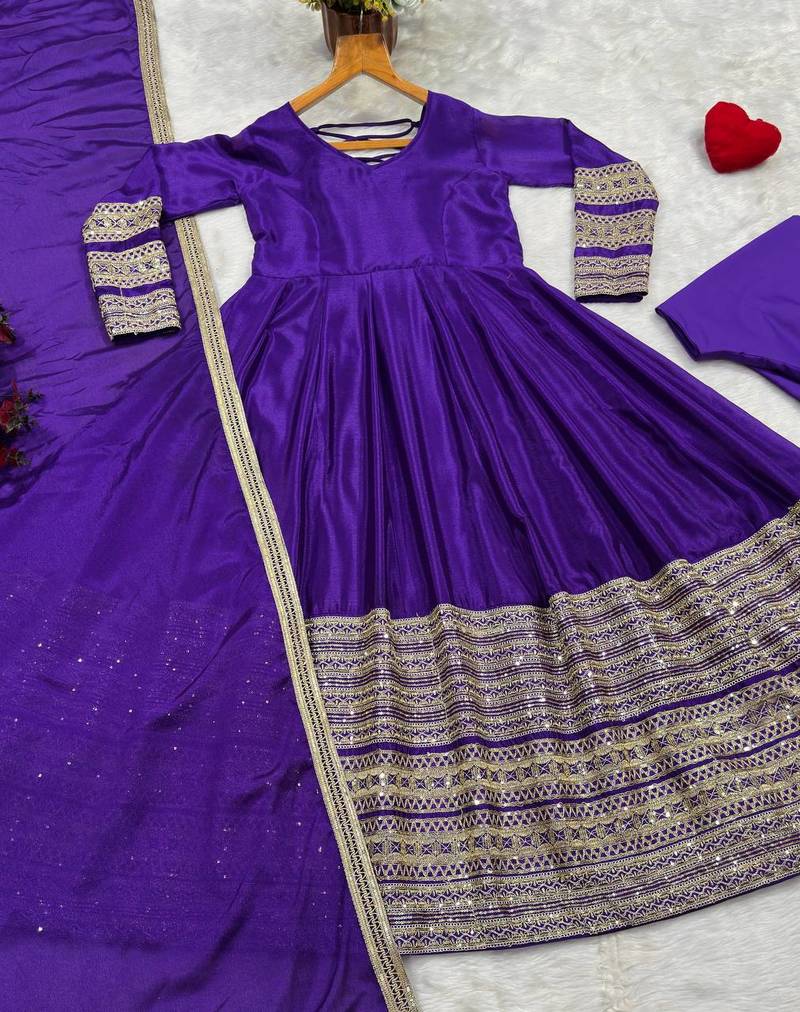 Purple heavy silk blend  embroidered anarkali gown set with dupatta & pants | fully stitched festive wear