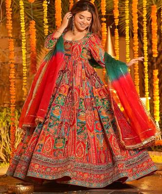 Multicolor pure crepe embroidered anarkali gown set with organza dupatta & pant | fully stitched 1