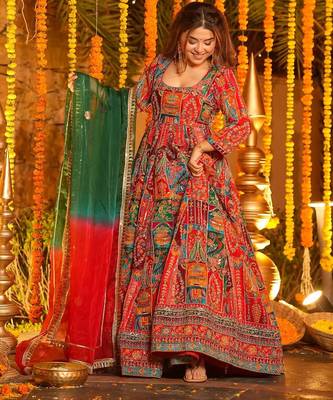 Multicolor pure crepe embroidered anarkali gown set with organza dupatta & pant | fully stitched 2