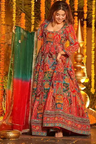 Multicolor pure crepe embroidered anarkali gown set with organza dupatta & pant | fully stitched