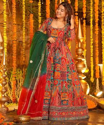 Multicolor pure crepe embroidered anarkali gown set with organza dupatta & pant | fully stitched 3