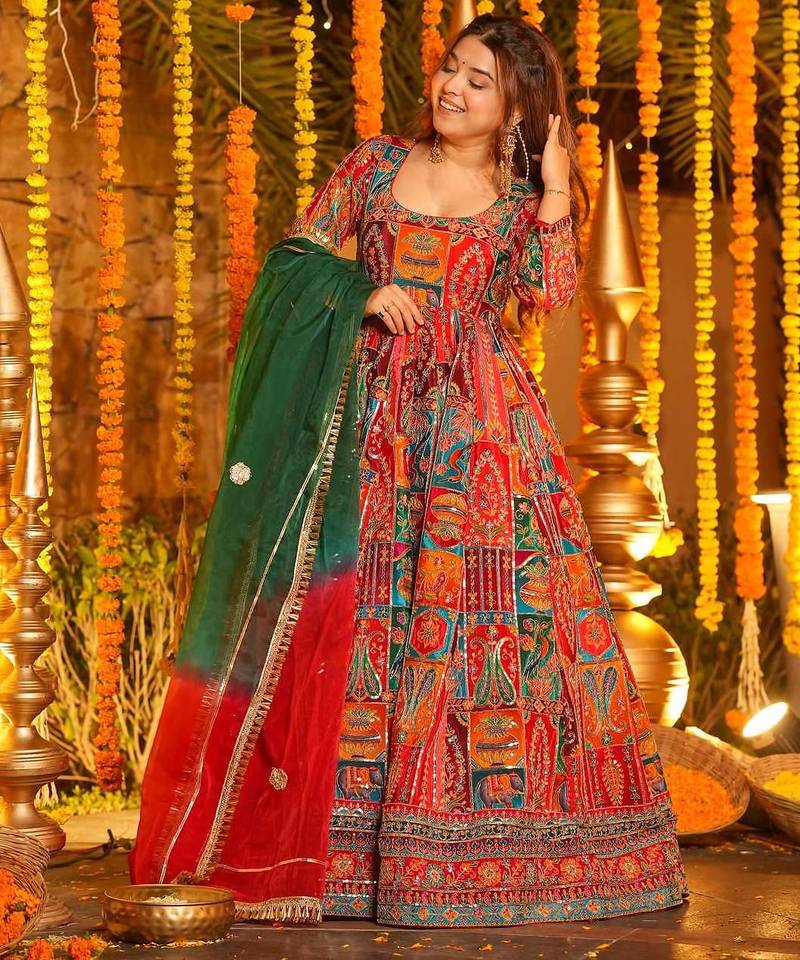 Multicolor pure crepe embroidered anarkali gown set with organza dupatta & pant | fully stitched