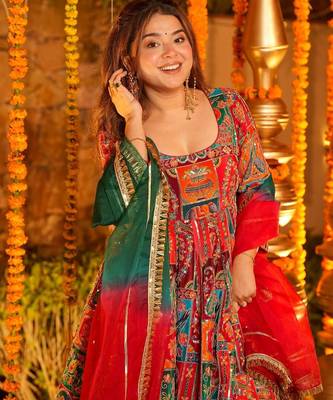 Multicolor pure crepe embroidered anarkali gown set with organza dupatta & pant | fully stitched 4