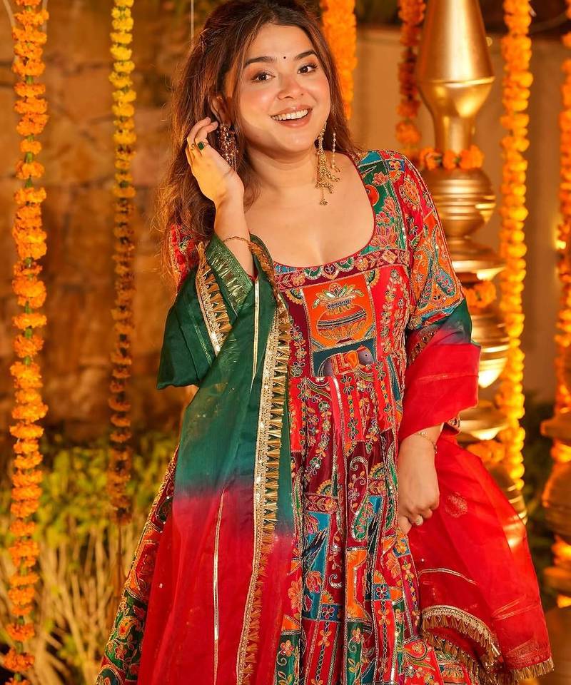 Multicolor pure crepe embroidered anarkali gown set with organza dupatta & pant | fully stitched