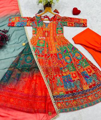 Multicolor pure crepe embroidered anarkali gown set with organza dupatta & pant | fully stitched 5