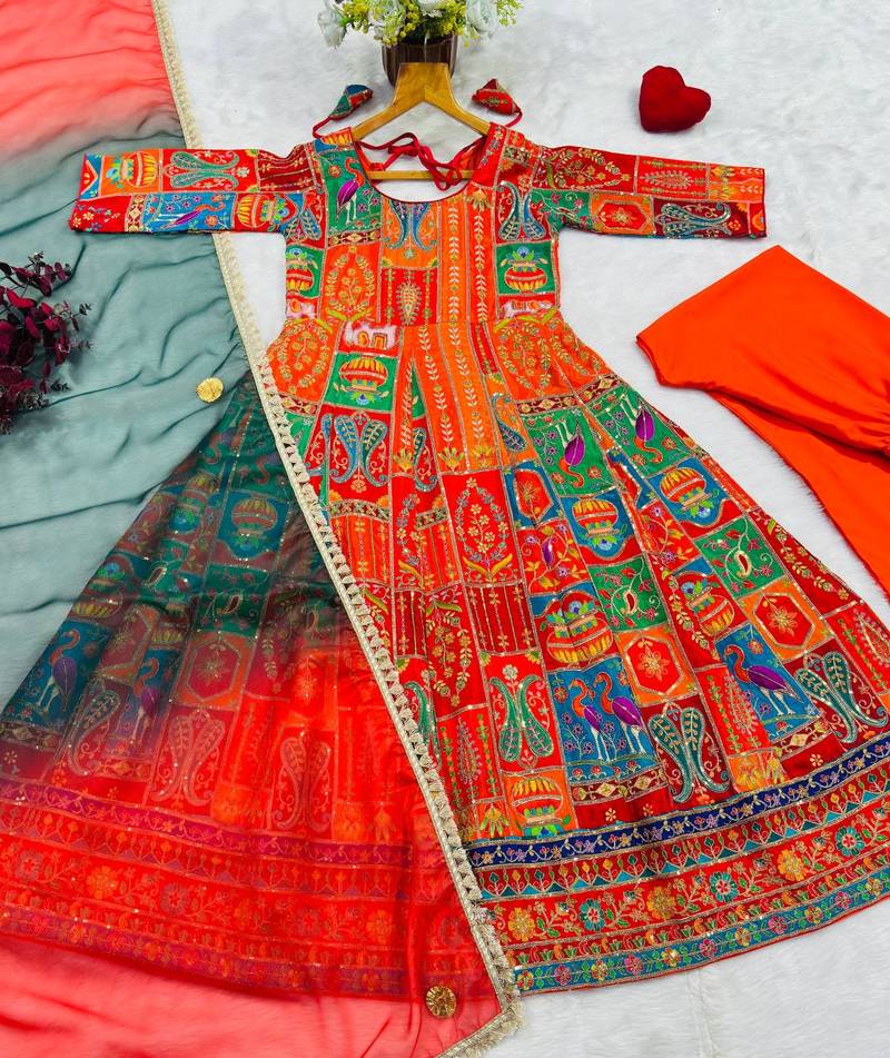 Multicolor pure crepe embroidered anarkali gown set with organza dupatta & pant | fully stitched