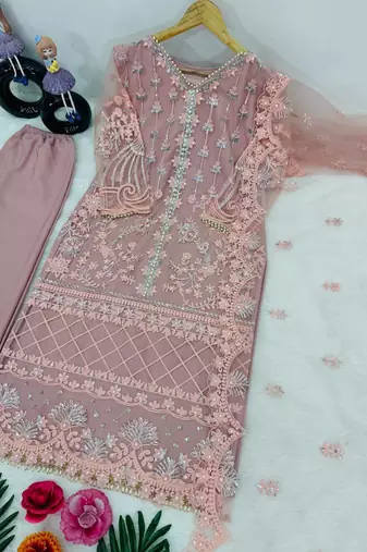 Light Pink Color Sequins And Hand Work Cotton Salwar Suit