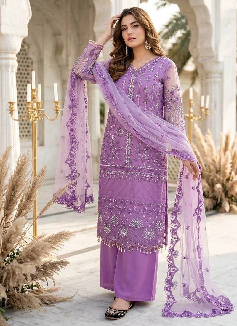 Lavender Color Sequins And Hand Work Cotton Salwar Suit