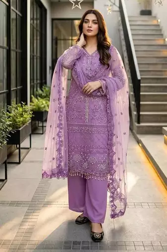 Lavender Color Sequins And Hand Work Cotton Salwar Suit