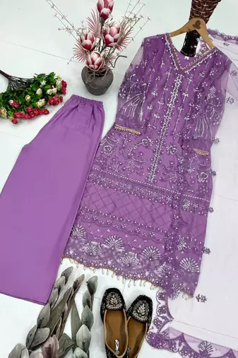 Lavender Color Sequins And Hand Work Cotton Salwar Suit
