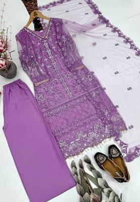 Lavender Color Sequins And Hand Work Cotton Salwar Suit 4
