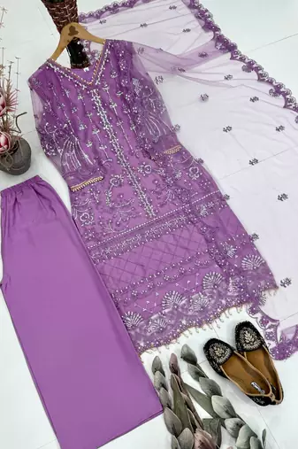 Lavender Color Sequins And Hand Work Cotton Salwar Suit