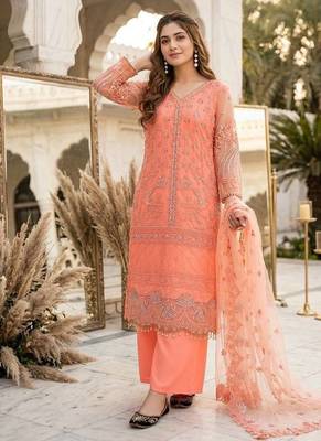 Peach Color Sequins And Hand Work Cotton Salwar Suit 1