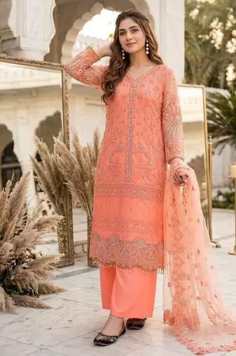 Peach Color Sequins And Hand Work Cotton Salwar Suit