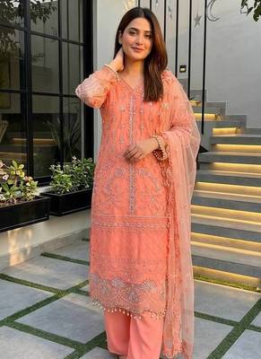 Peach Color Sequins And Hand Work Cotton Salwar Suit 2