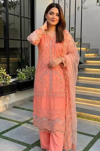 Peach Color Sequins And Hand Work Cotton Salwar Suit