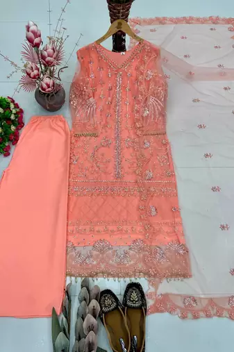 Peach Color Sequins And Hand Work Cotton Salwar Suit