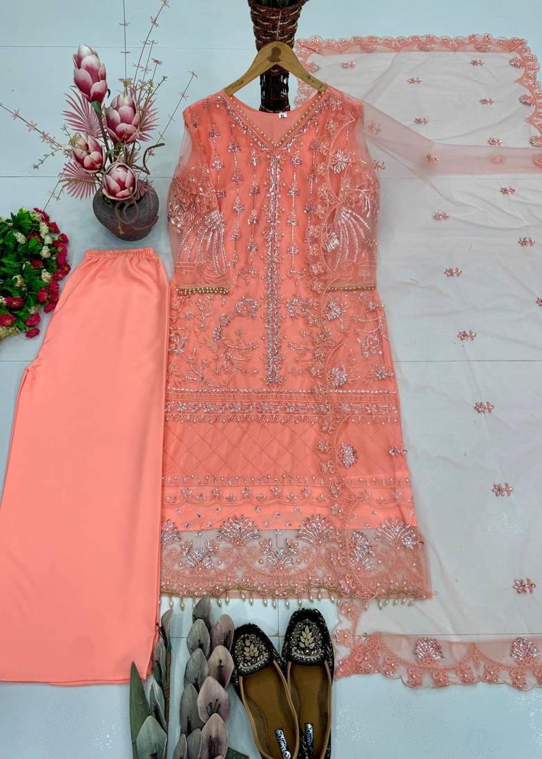 Peach Color Sequins And Hand Work Cotton Salwar Suit